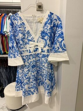 Mestiza White & Blue V-Neck Mini Dress with Bow Accent